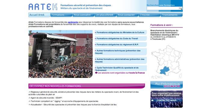 Site vitrine Artek Formations - organisme de formation aux métiers du spectacle à Nantes créé par ivisite